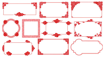 Set of decorative red chinese borders with traditional floral patterns vector illustration