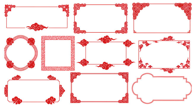 Set of decorative red chinese borders with traditional floral patterns vector illustration