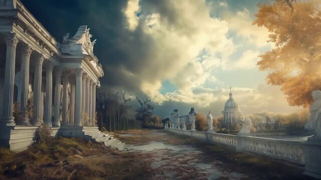 a grand classical architectural setting, featuring a magnificent white stone building with towering columns and intricate statues adorning its roof