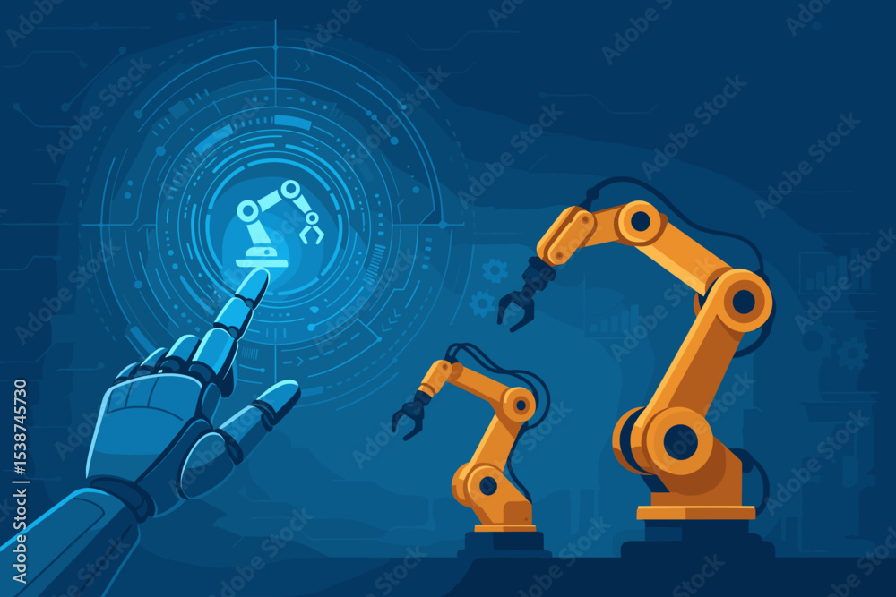 Poster ai robot hand controlling smart factory automation with a futuristic touch interface. industry 4.0 c