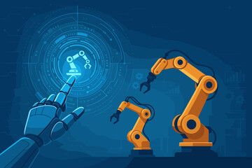 AI robot hand controlling smart factory automation with a futuristic touch interface. Industry 4.0 concept for advanced manufacturing, robotics revolution, and engineering innovation.