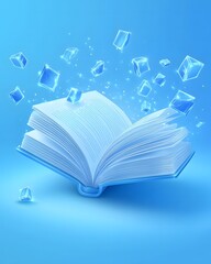 Open book with floating, glowing cubes emanating from its pages, against a blue background.
