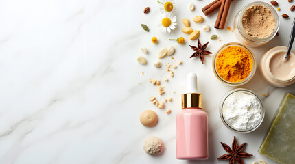 Natural skincare ingredients and powders arranged with a pink cosmetic bottle
