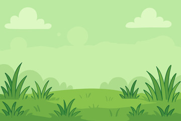 Obraz premium Simple cartoon landscape background with green grass, hills, and sky with clouds. Vector illustration of a summer meadow or spring field. Nature scene for kids with copy space.