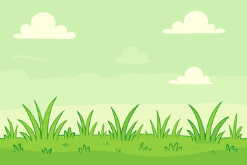 Obraz premium Simple cartoon landscape background with green grass field and clouds. Vector illustration of a summer or spring meadow. Cute nature scenery for kids. Flat design park or lawn.