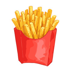 Delicious French fries in a red cardboard container  