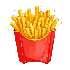 Colorful illustration of French fries in red fast food container  