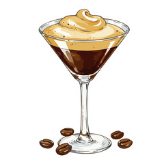 Espresso martini cocktail with cream topping and coffee beans  