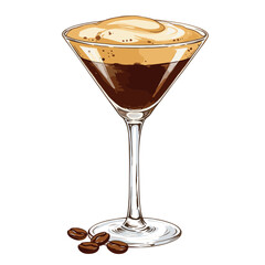 Coffee-based cocktail served in a martini glass with beans  