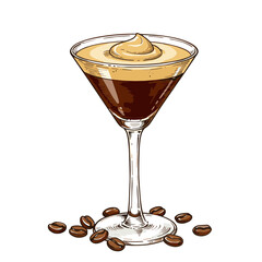 Coffee cocktail with whipped cream and coffee beans on a white background  