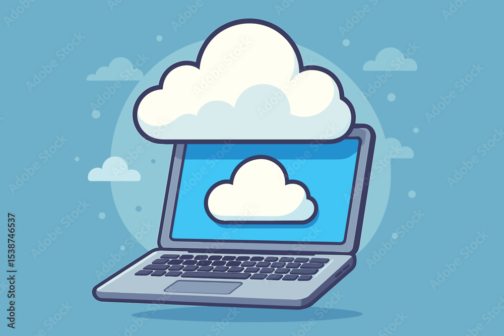 Poster cloud computing technology vector concept. laptop computer with cloud icon for online data storage, 