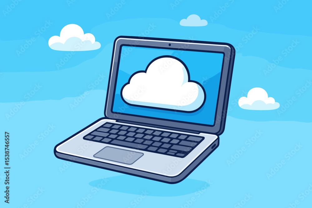 Poster cloud computing technology concept. laptop computer with cloud icon on screen floating in the sky. m