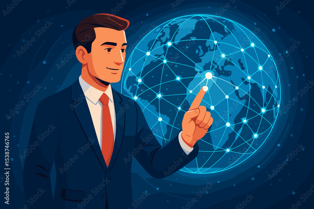 Poster businessman interacting with holographic earth. global business network and connection concept. futu
