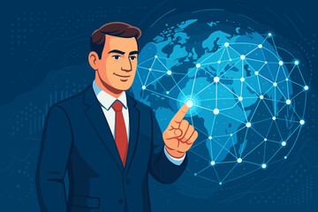 Businessman touching a glowing digital network over the world map. Global business strategy, international communication, and technology innovation. Data analytics concept vector.