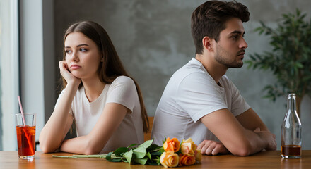 Sad Couple Sitting Back to Back After a Breakup &ndash; Concept for National Ex-Girlfriend Day and Relationship Conflict