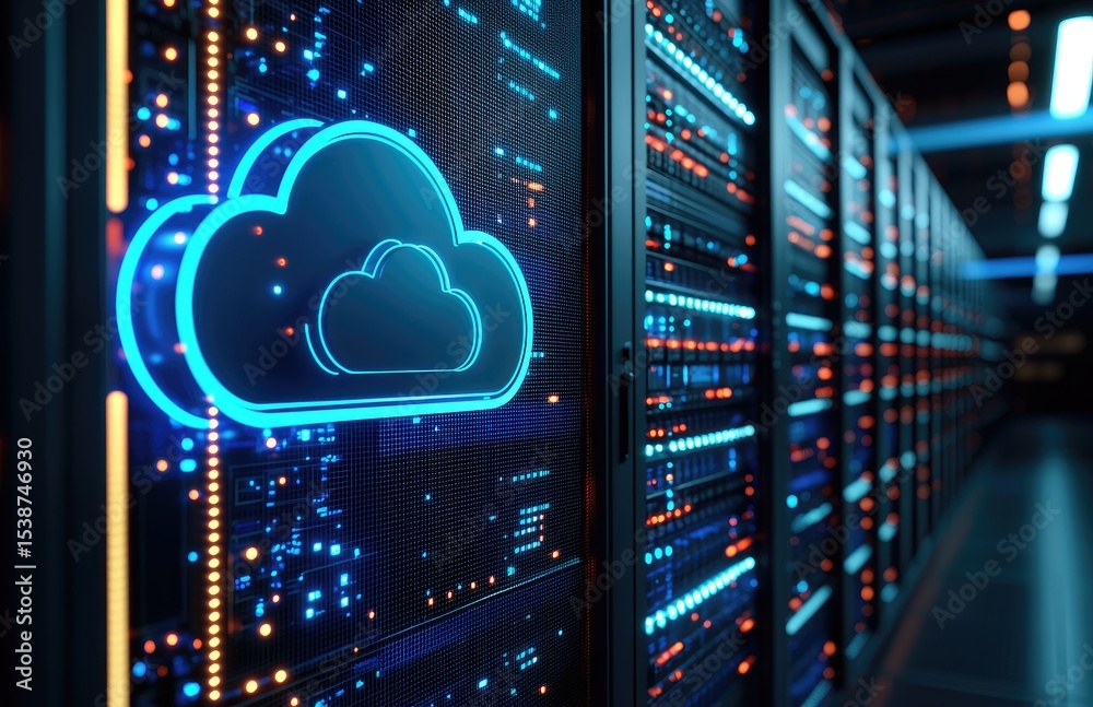 Poster glowing blue cloud icon in advanced data center with red and blue led-lit server racks, ideal for il