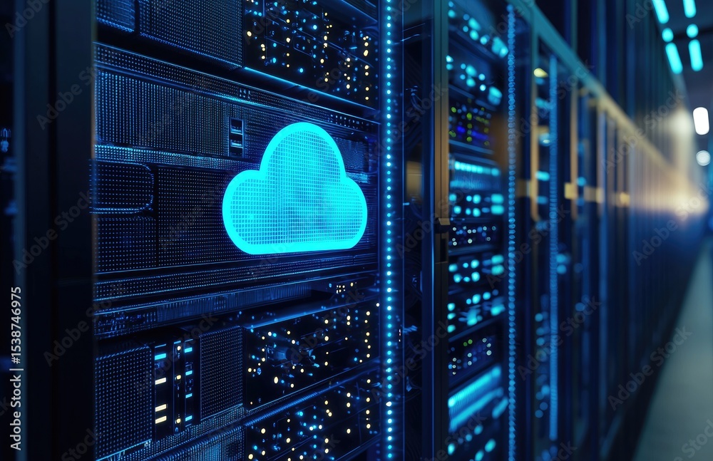 Poster neon blue cloud symbol on futuristic server cabinet in a data center, perfect for themes of cloud co