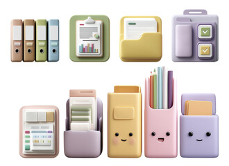 Office Supplies 3D Icon Set with Various Expressions, Document Management Concept