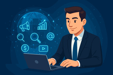 Digital marketing concept with a businessman at laptop. Manager planning business strategy on a futuristic interface with icons for SEO, analytics, and global online promotion.