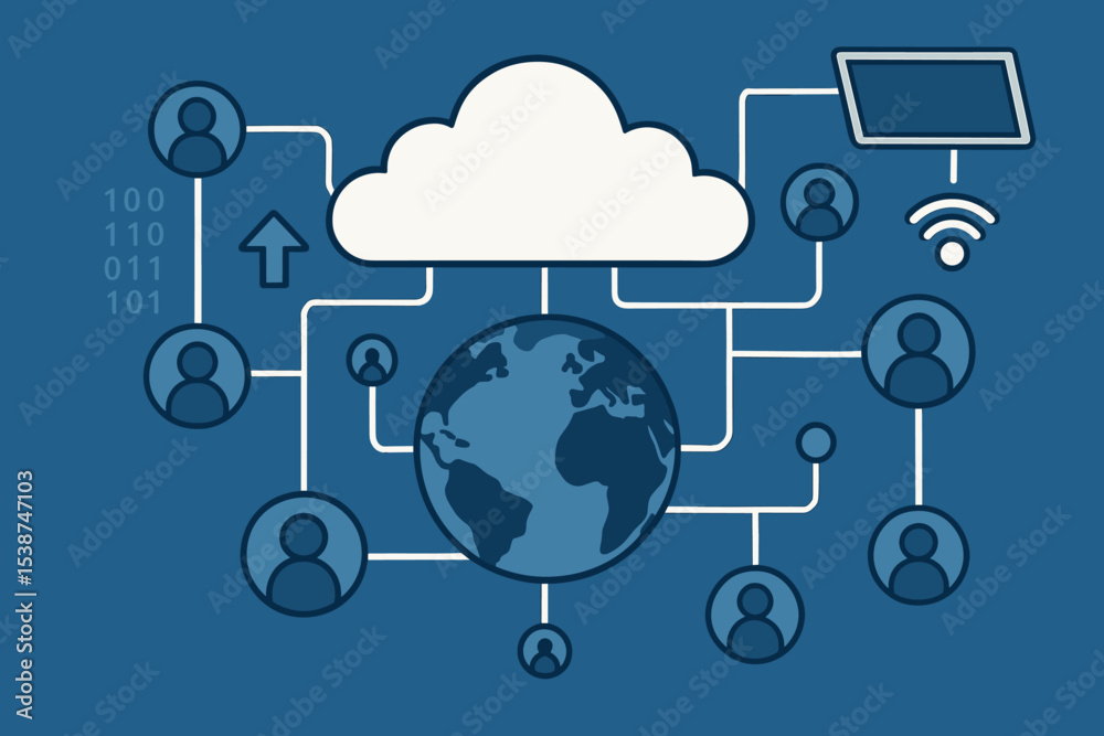 Poster global network connections and cloud computing vector illustration. people icons linked around the p