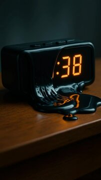 Surreal melting clock with glowing digital numbers on wooden surface at night