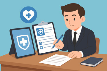 Fototapeta premium Health insurance concept. Agent signing medical claim form at desk. Man with clipboard, tablet showing protection shield. Healthcare coverage, life insurance policy vector illustration.