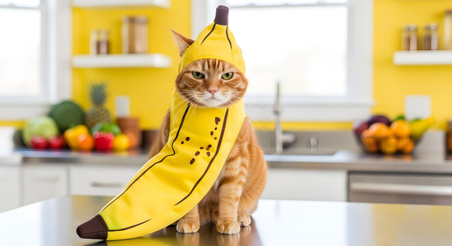 A grumpy cat dressed as a banana sitting on a kitchen counter, bright and funny vibe