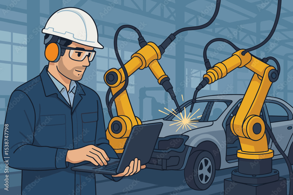 Poster engineer with laptop programming robotic arms on automotive assembly line. smart factory automation 