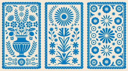 A set of three traditional Mexican papel picado designs arranged side by side in a triptych format