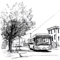 A bus stops under a tree on a city street, sketched in black ink.