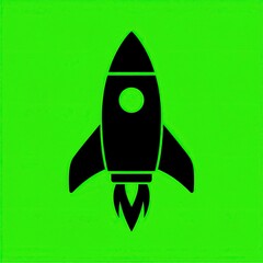 Simple black rocket icon on bright green background