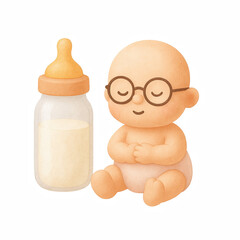 Baby with glasses sitting peacefully near milk bottle