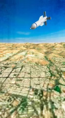 Fotobehang The GBU-57 MOP (Massive Ordnance Penetrator) is a precision-guided, bunker buster bomb, above the skies of Tehran, Iran. The missions are reaching and destroying deep underground bunkers. 3d rendering © Naeblys