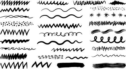 Obraz premium Collection of hand-drawn black ink brush stroke designs on white background vector illustration