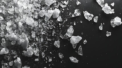 Crystalline salt patterns over a flat black surface, scientific feel,