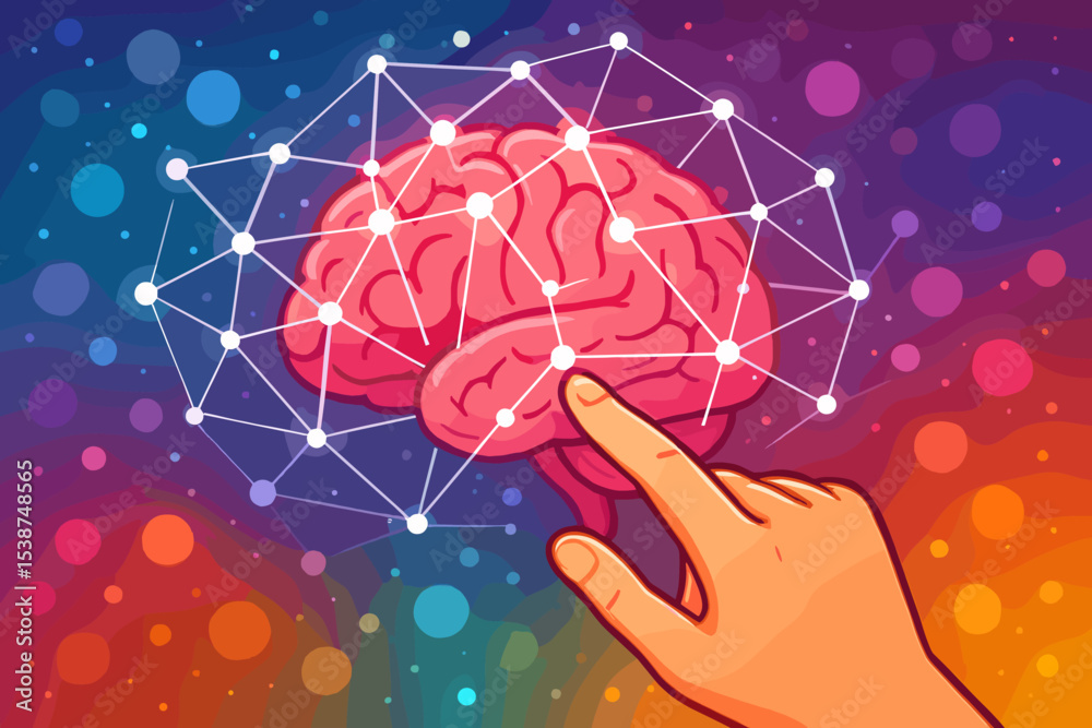 Poster concept of neuroscience and artificial intelligence. hand touching a brain, activating a neural netw