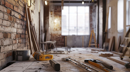 A view of a room under construction with tools and materials scattered around the unfinished space