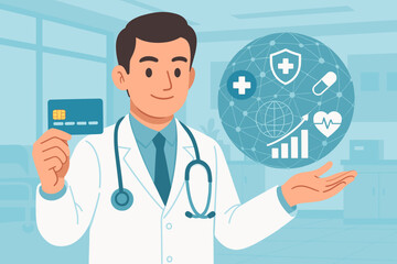 Healthcare finance concept. Doctor with credit card representing medical payment and insurance. Global health technology, rising costs, and treatment expenses vector illustration.