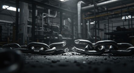 Broken Metal Chain on a Gritty Industrial Floor – Symbolizing Failure, Weakness, and Broken Systems.
