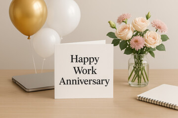 Happy work anniversary card on wooden desk with laptop balloons and flower bouquet creating joyful celebration atmosphere for special work milestone