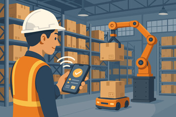 Automated Warehouse Management System Concept. Worker Using Tablet for Inventory Control. Robotics Arm and AGV Handling Packages. Smart Logistics, Industrial Automation, Modern Supply Chain