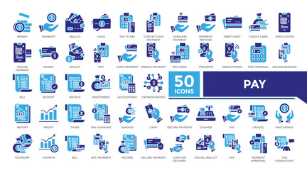 Pay icon solid two color set collection. his set includes money, wallet, tap to pay, contactless, transfer, tax planning, budget and more icons in solid style. Vector icons collection for infographics