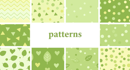 Green pattern collection: leaves, triangles, dots, hearts, chevron in light and dark shades vector illustration
