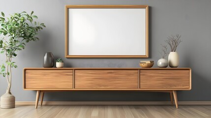 Empty Frame on Modern Wooden Cabinet Against Gray Wall Background