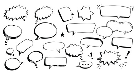 Fototapeta premium Collection of hand-drawn speech bubbles and thought clouds in black and white vector illustration