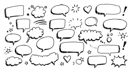 Obraz premium Hand-drawn speech bubbles and symbols in black and white vector illustration