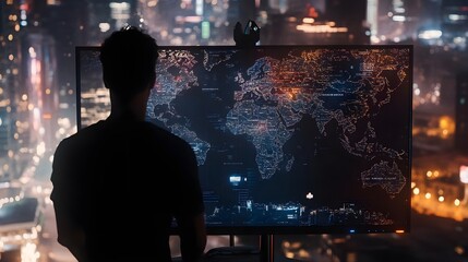 Man Standing in Front of Computer Monitor Displaying World Map