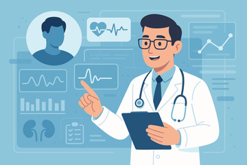 Modern virtual healthcare concept with doctor analyzing digital patient data, medical charts, statistics, heart rate, kidneys, telemedicine, clinical diagnostics, online health monitoring technology