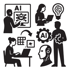 Characters working with generative AI model tools Deep learning artificial intelligence vector