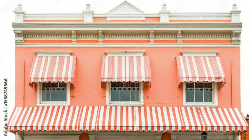 Poster a bright pink building with a colorful red and white awning, perfect for architecture or interior de